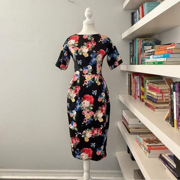 ASOS Tea Length Black Floral Bombshell Midi Dress sz 4 - Picture 1 of 11